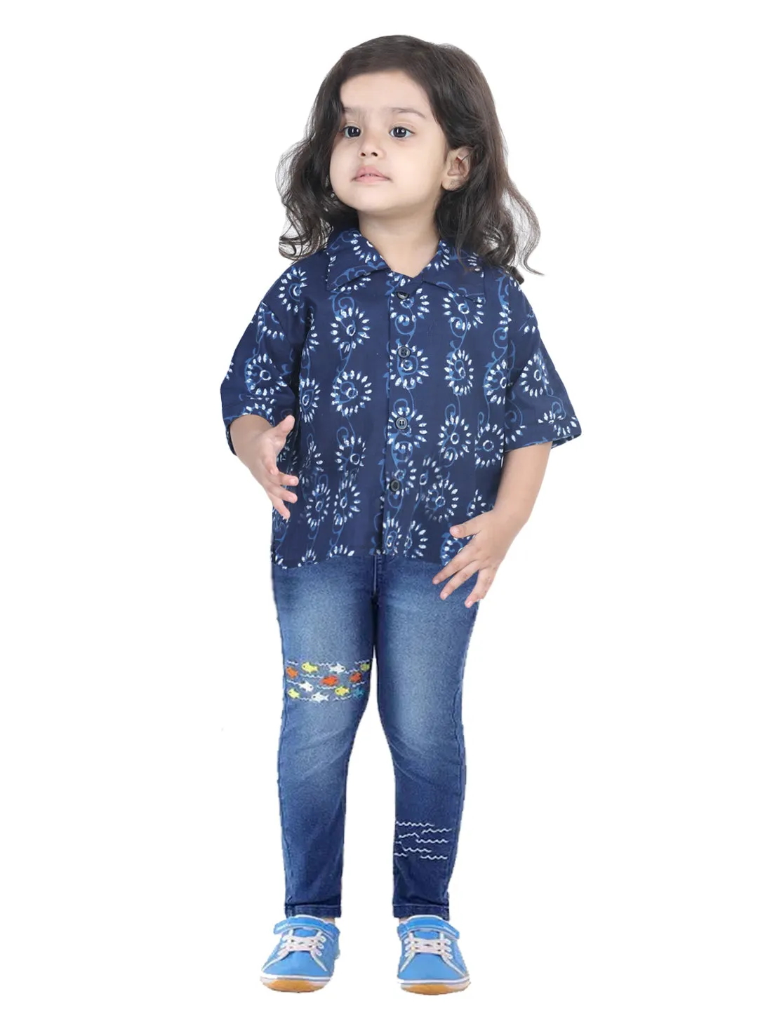 100% Pure Cotton Jaipuri Print Indo Western Shirt For Baby Boys- Indigo