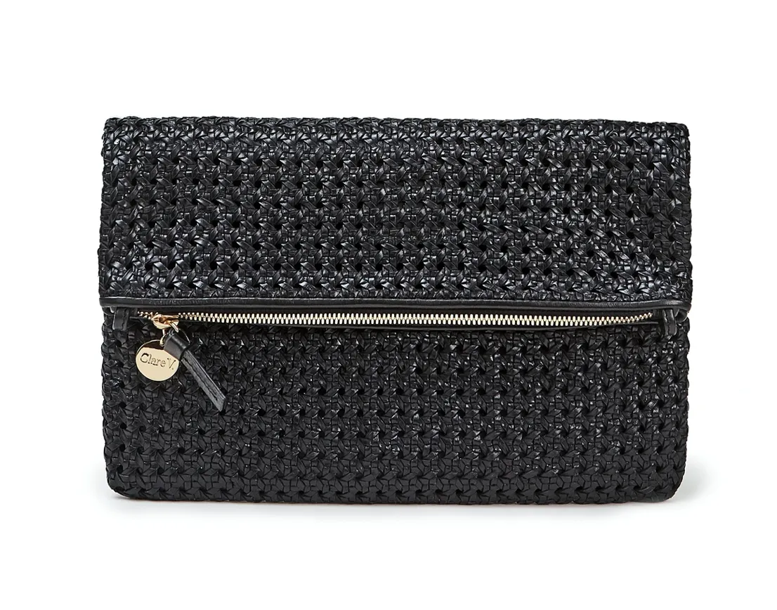 Black Rattan Woven Foldover Clutch