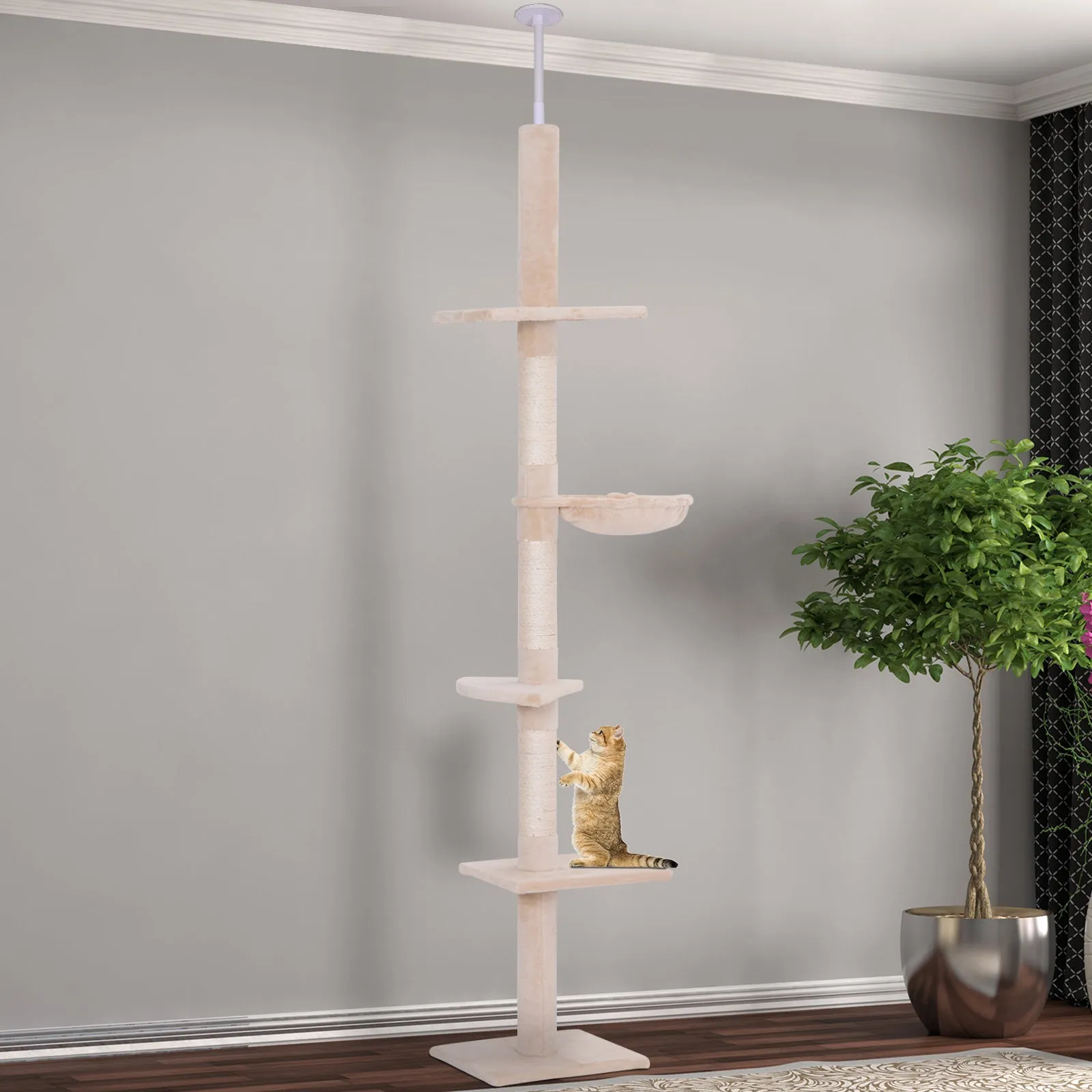 Floor to Ceiling Cat Tree 5-Tier Kitty Tower Activity Center Scratching Post 230-260cm