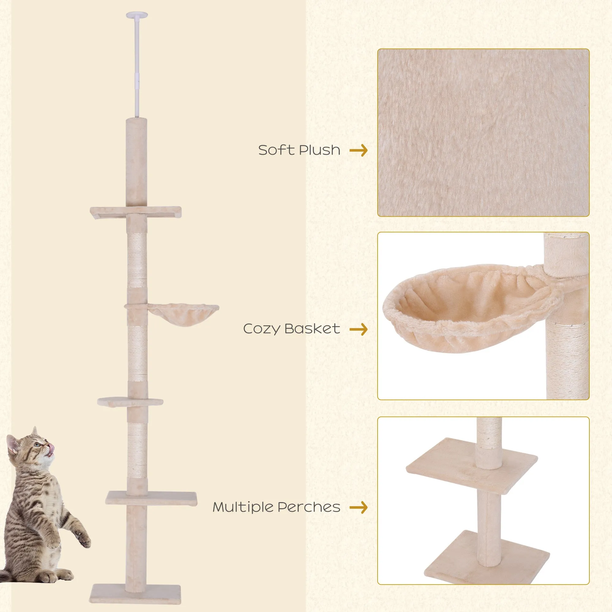 Floor to Ceiling Cat Tree 5-Tier Kitty Tower Activity Center Scratching Post 230-260cm