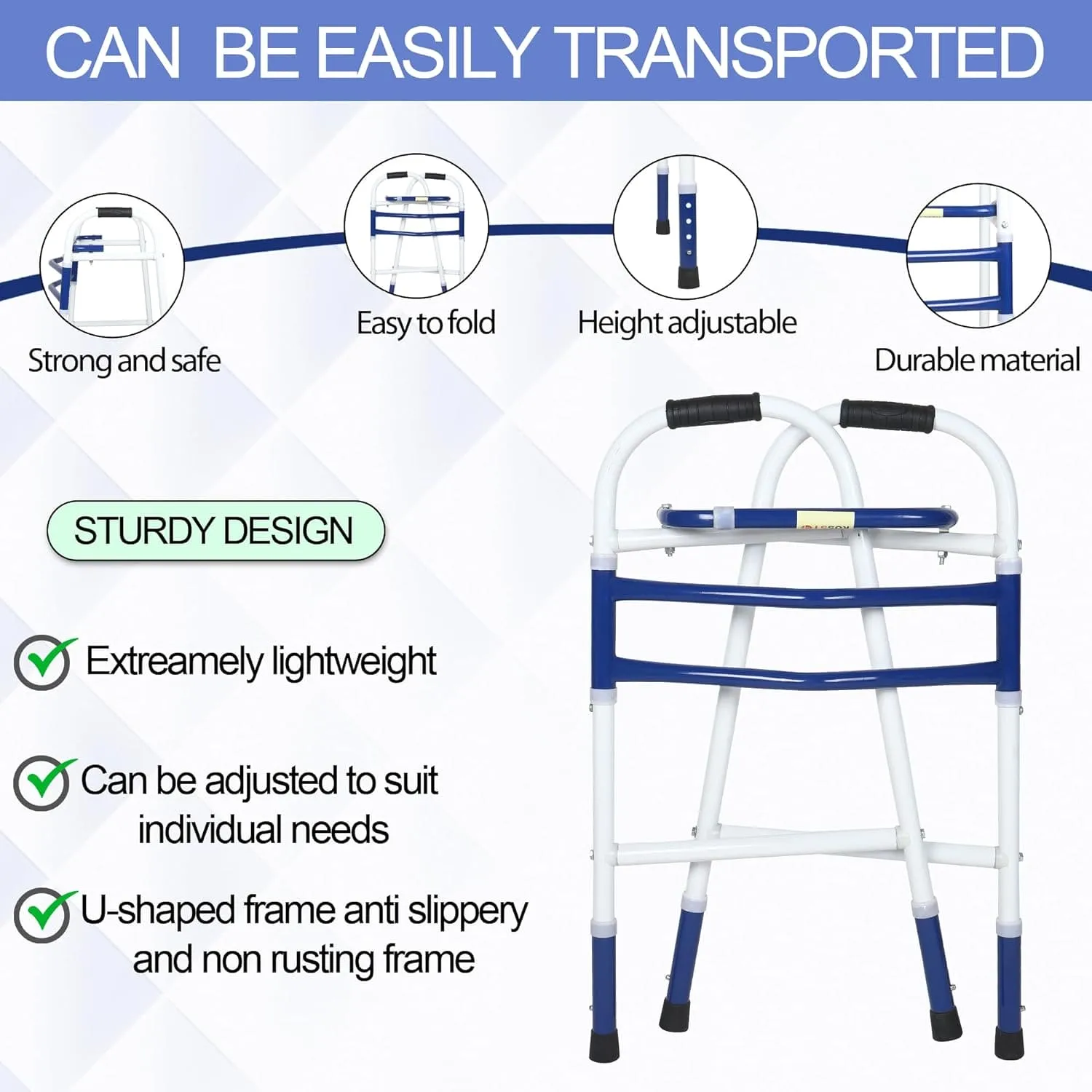 Folding, Portable & Lightweight Height Adjustable Walker