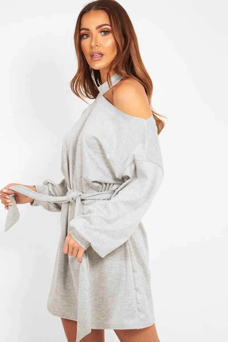 Grey Belted Cold Shoulder Jumper Dress - Elston