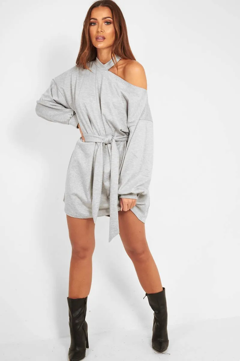 Grey Belted Cold Shoulder Jumper Dress - Elston