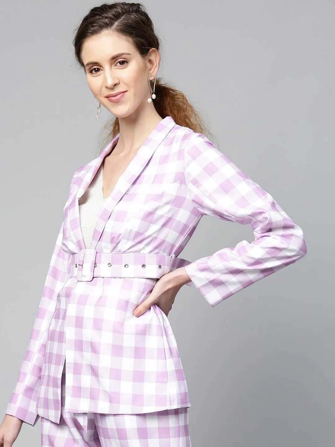 Lavender & White Check Belted Blazer