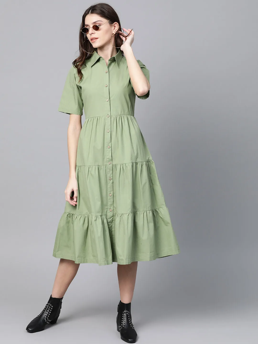 Olive Tiered Shirt Dress