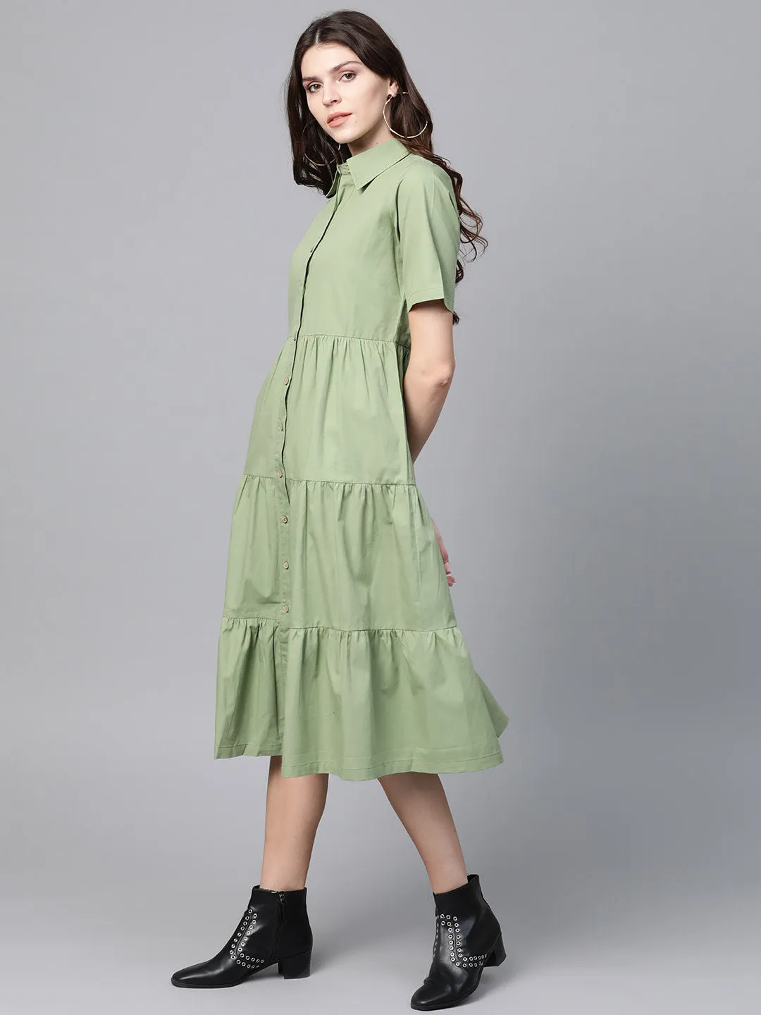 Olive Tiered Shirt Dress