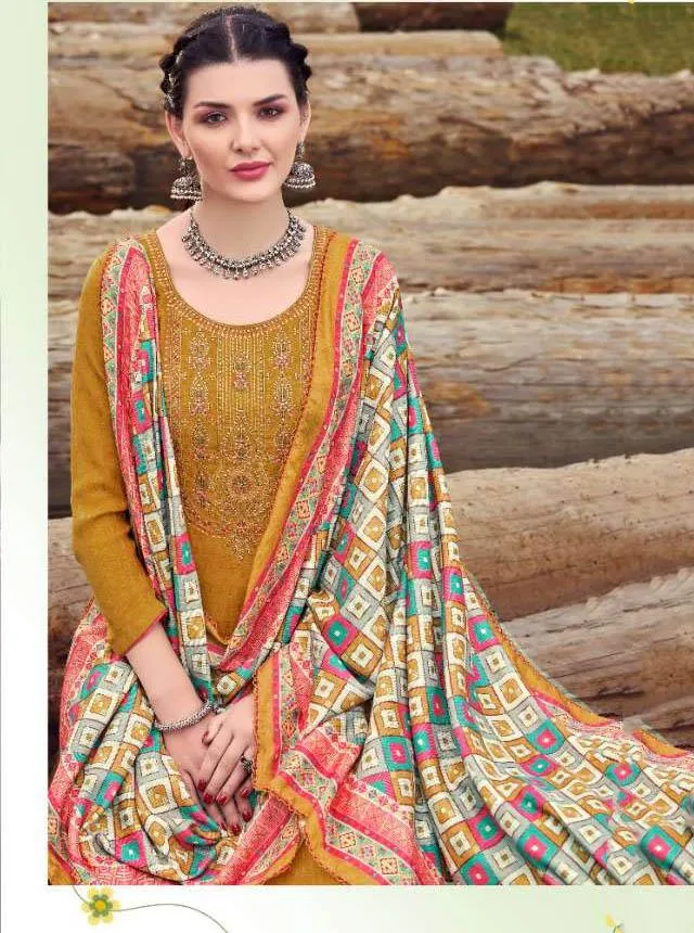 Pashmina Yellow Winter Unstitched Suit Material With Dupatta