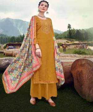 Pashmina Yellow Winter Unstitched Suit Material With Dupatta