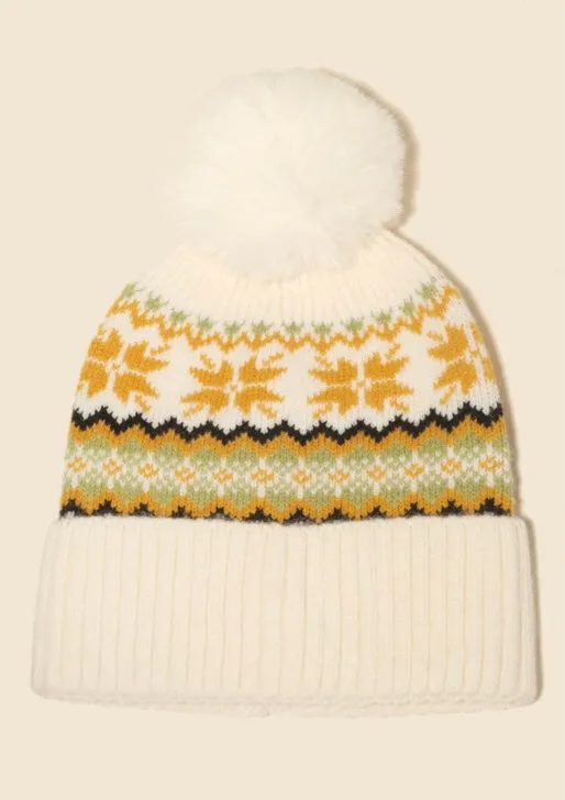 Patterned Pom Beanie - Ivory