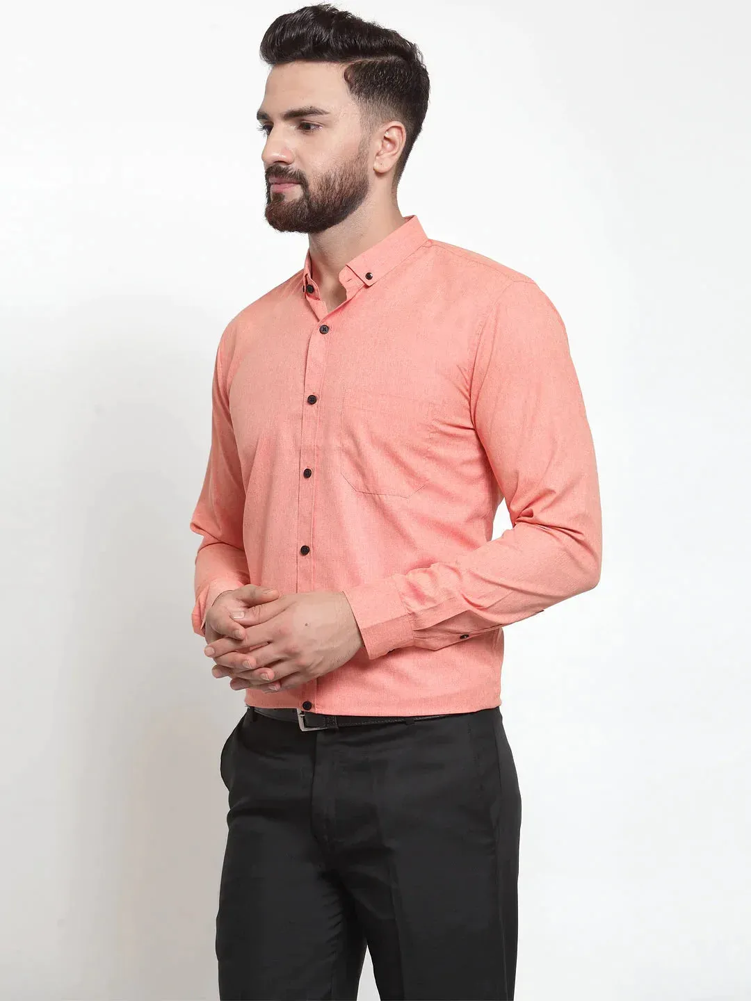 Peach Men'S Cotton Solid Button Down Formal Shirts