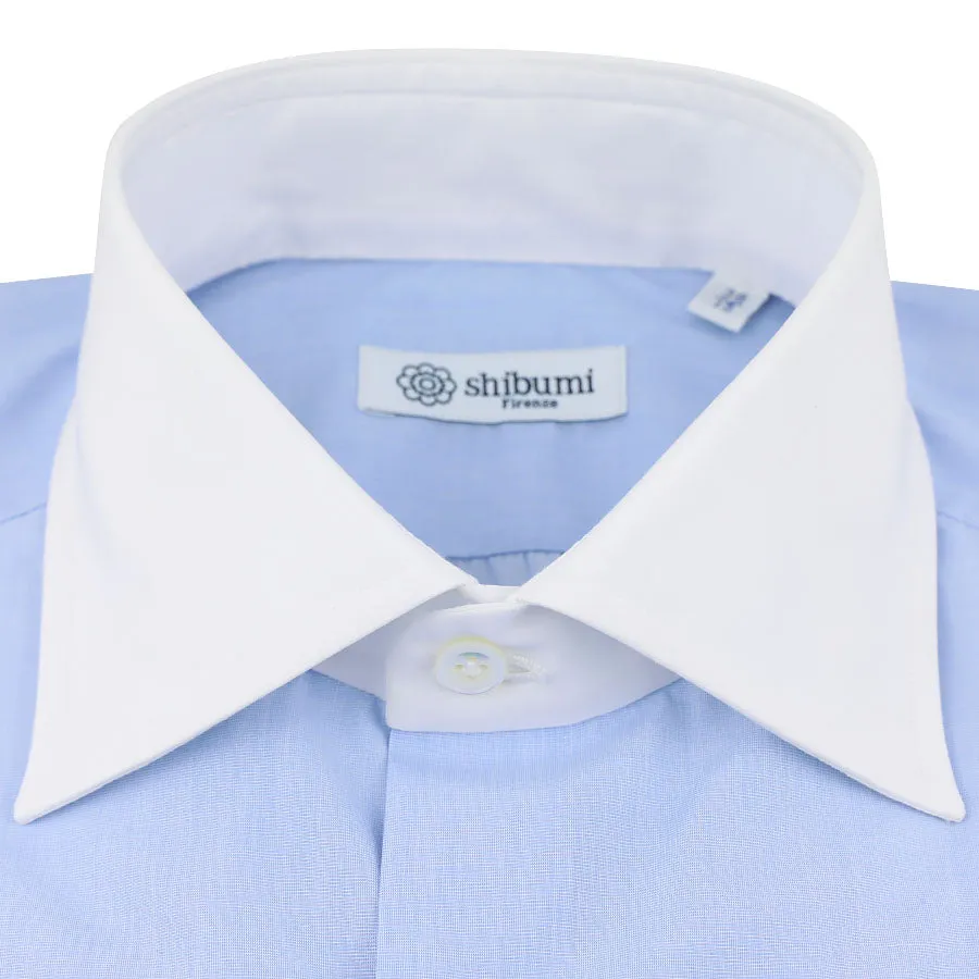 Poplin Semi Spread Shirt - Sky Blue / White - Contrast Collar