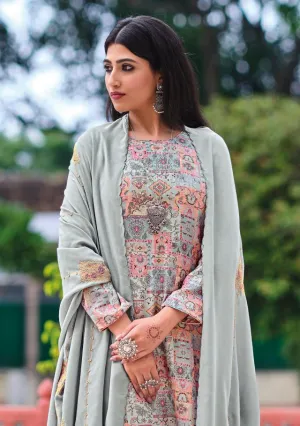 Printed Winter Grey Unstitched Pashmina Salwar Suit