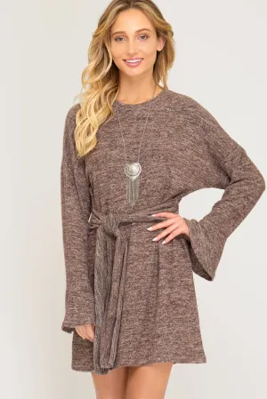 Ruffled long sleeve brushed knit dress with front tie