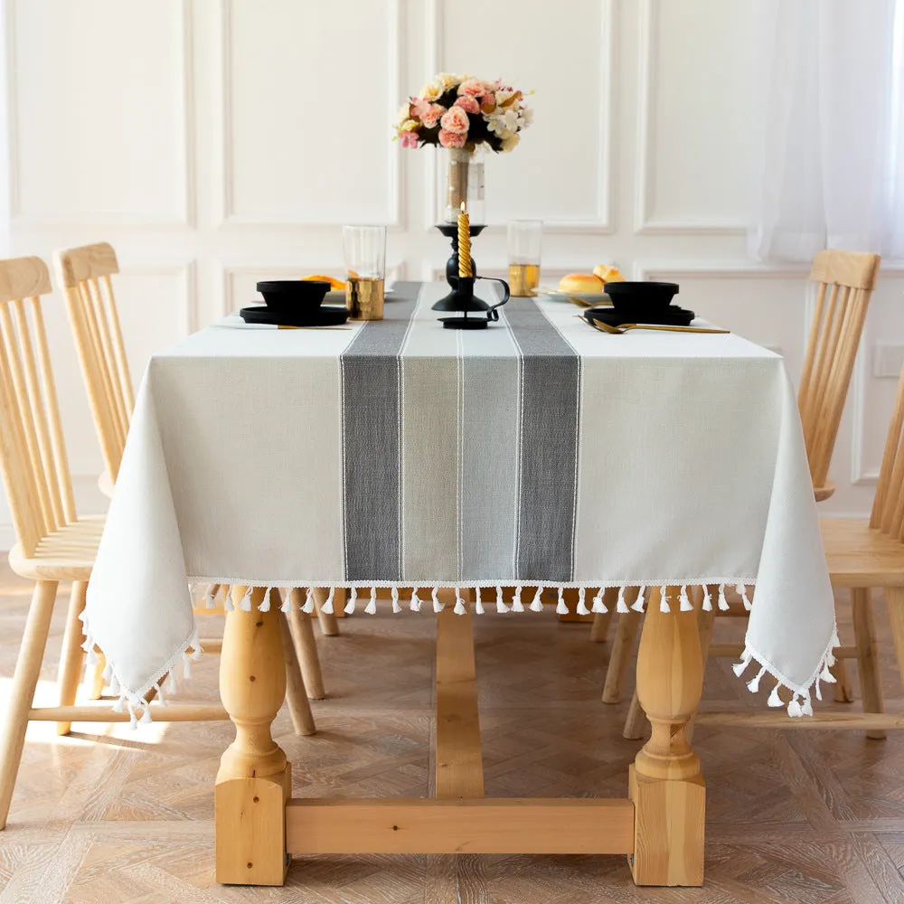 Tassel Striped Stitching Decorations Tablecloth Cotton Linen Fabric Dustproof Table Cloth