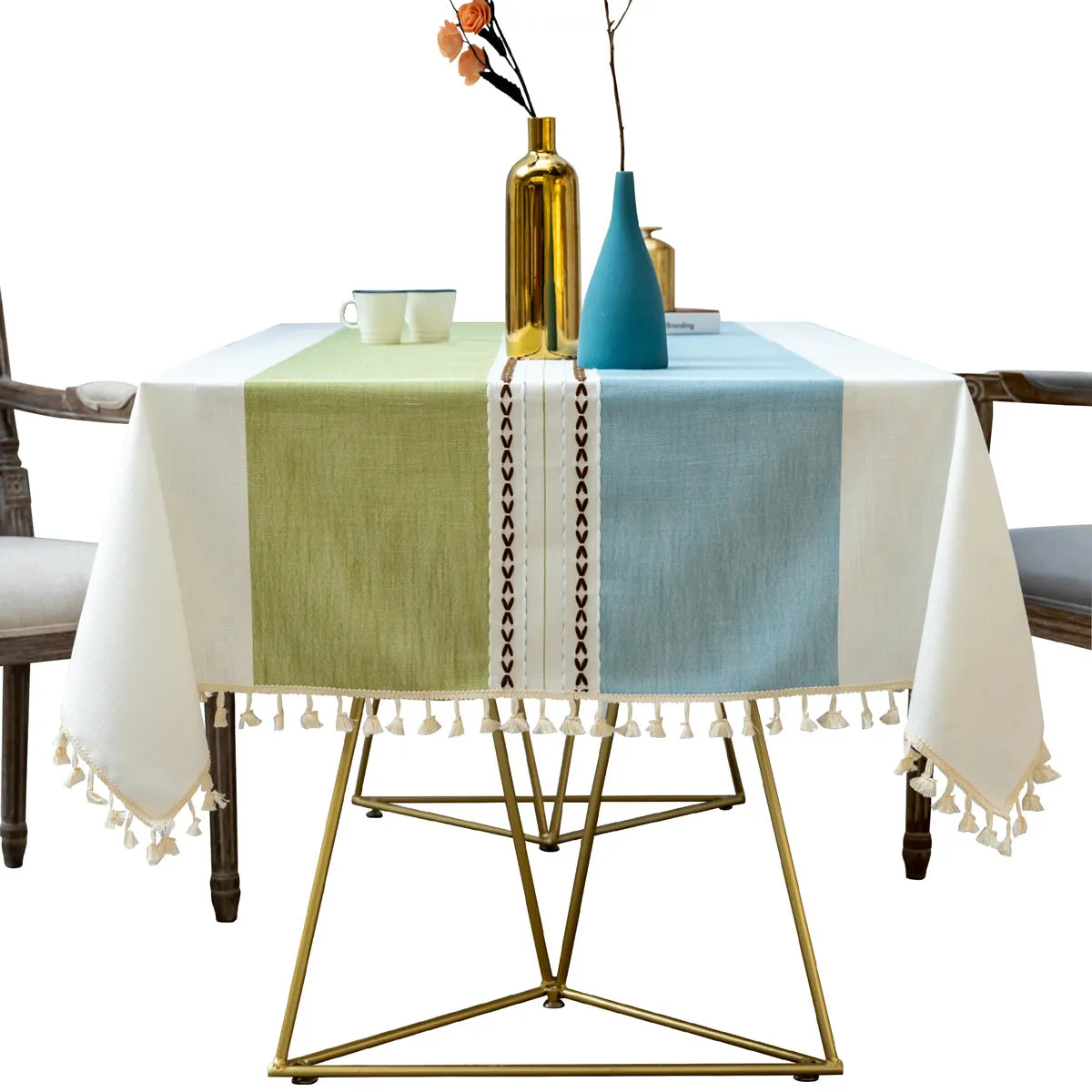 Tassel Striped Stitching Decorations Tablecloth Cotton Linen Fabric Dustproof Table Cloth