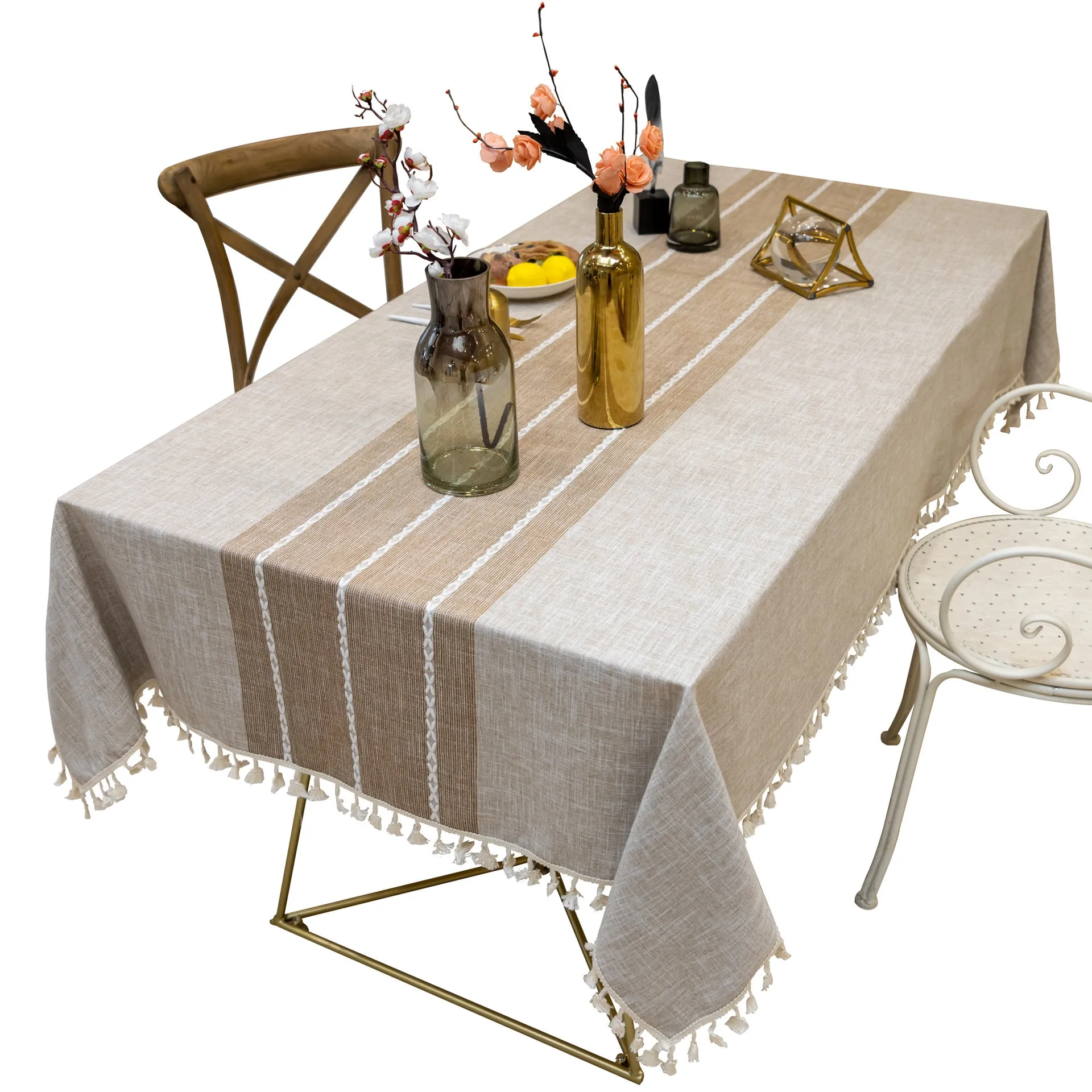 Tassel Striped Stitching Decorations Tablecloth Cotton Linen Fabric Dustproof Table Cloth