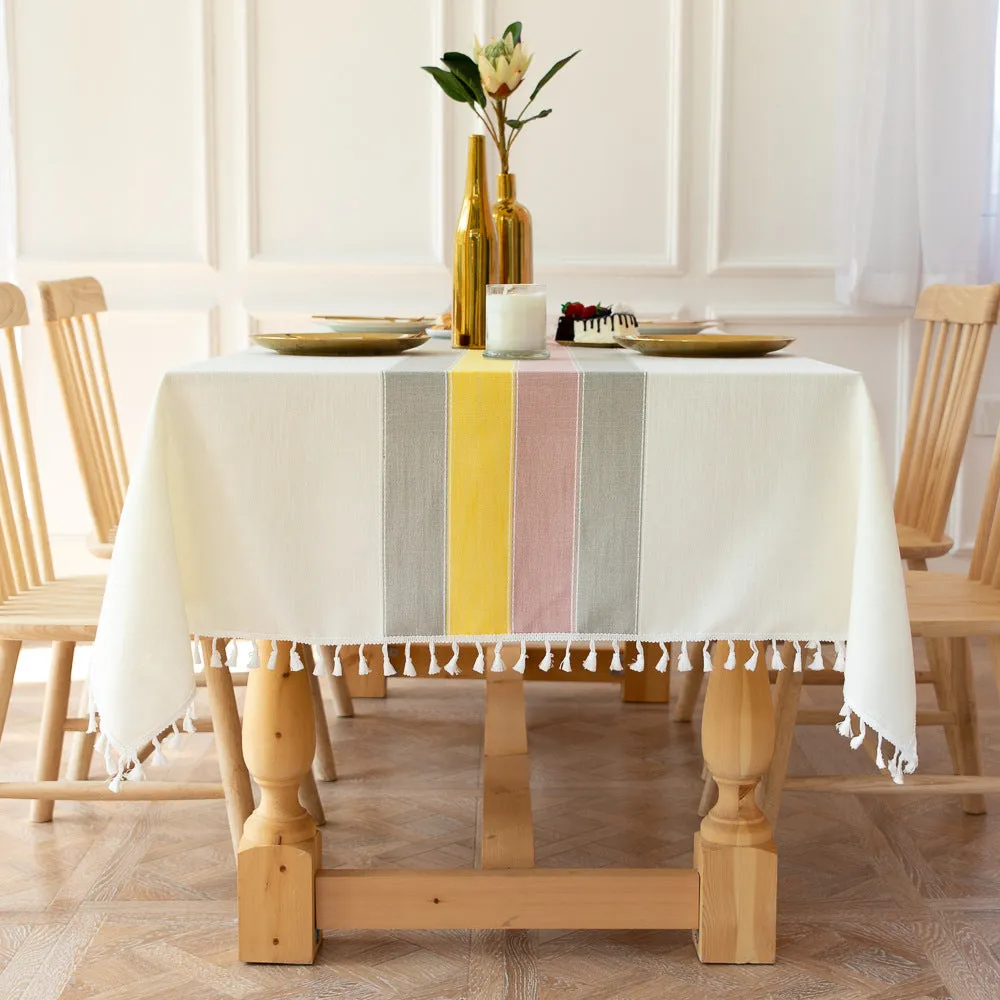 Tassel Striped Stitching Decorations Tablecloth Cotton Linen Fabric Dustproof Table Cloth