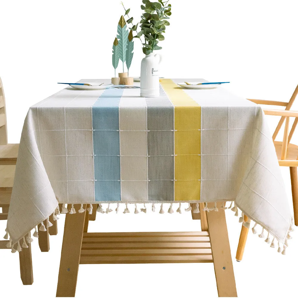 Tassel Striped Stitching Decorations Tablecloth Cotton Linen Fabric Dustproof Table Cloth