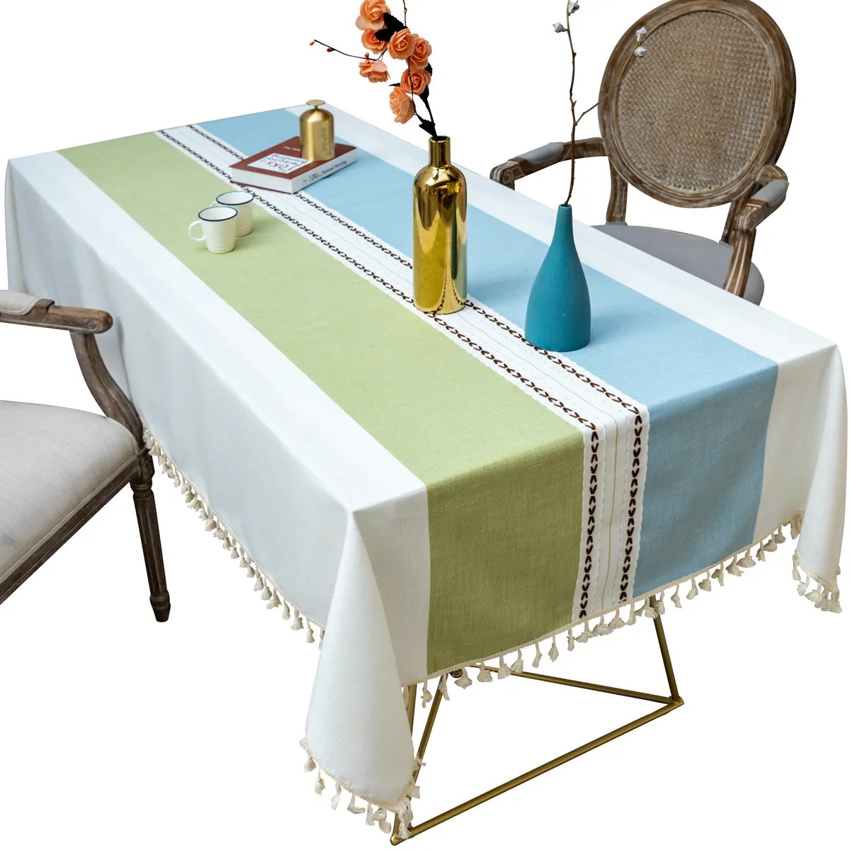 Tassel Striped Stitching Decorations Tablecloth Cotton Linen Fabric Dustproof Table Cloth