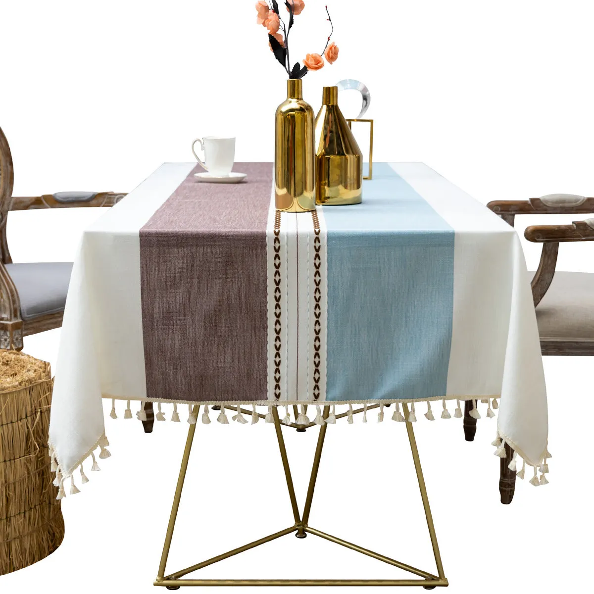 Tassel Striped Stitching Decorations Tablecloth Cotton Linen Fabric Dustproof Table Cloth